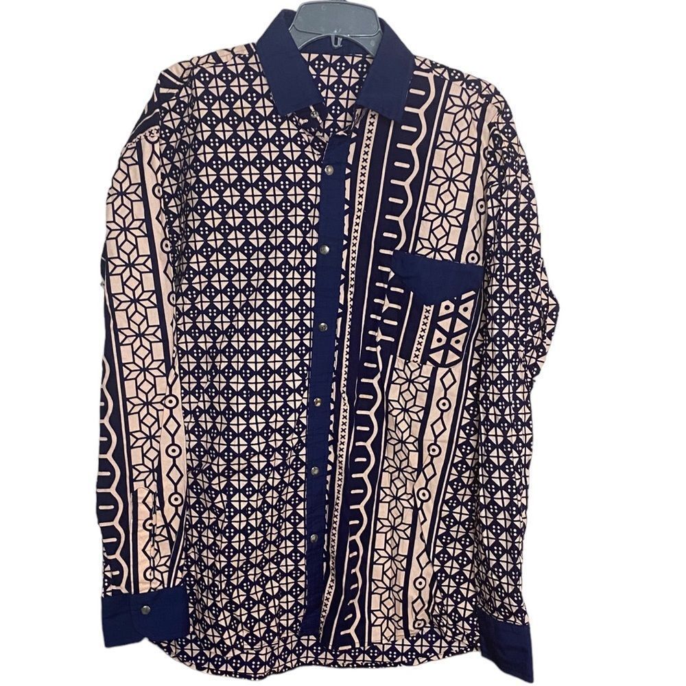 Vintage Western Snap Shirt Southwestern Aztec Geometric Blue Beige Men XL